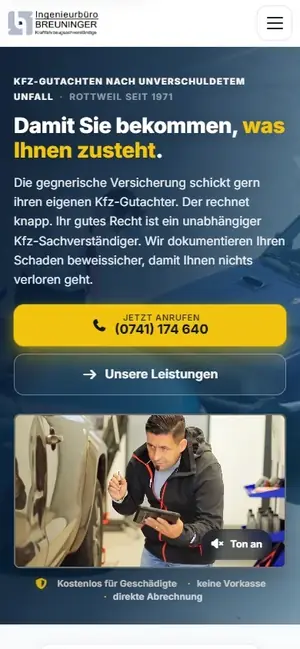 Website-Beispiel: Kfz-Sachverständigenbüro Breuninger, Rottweil – mobile Ansicht